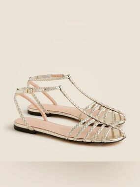 J. Crew Braided Metallic Silver T-Strap Flat Sandals
